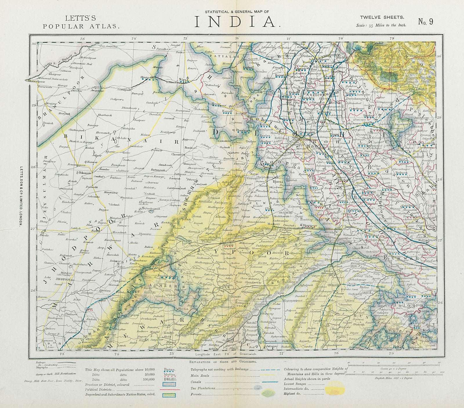 RAJASTHAN British India Delhi Jaipur Jodhpur Agra Tea plantations LETTS 1883 map